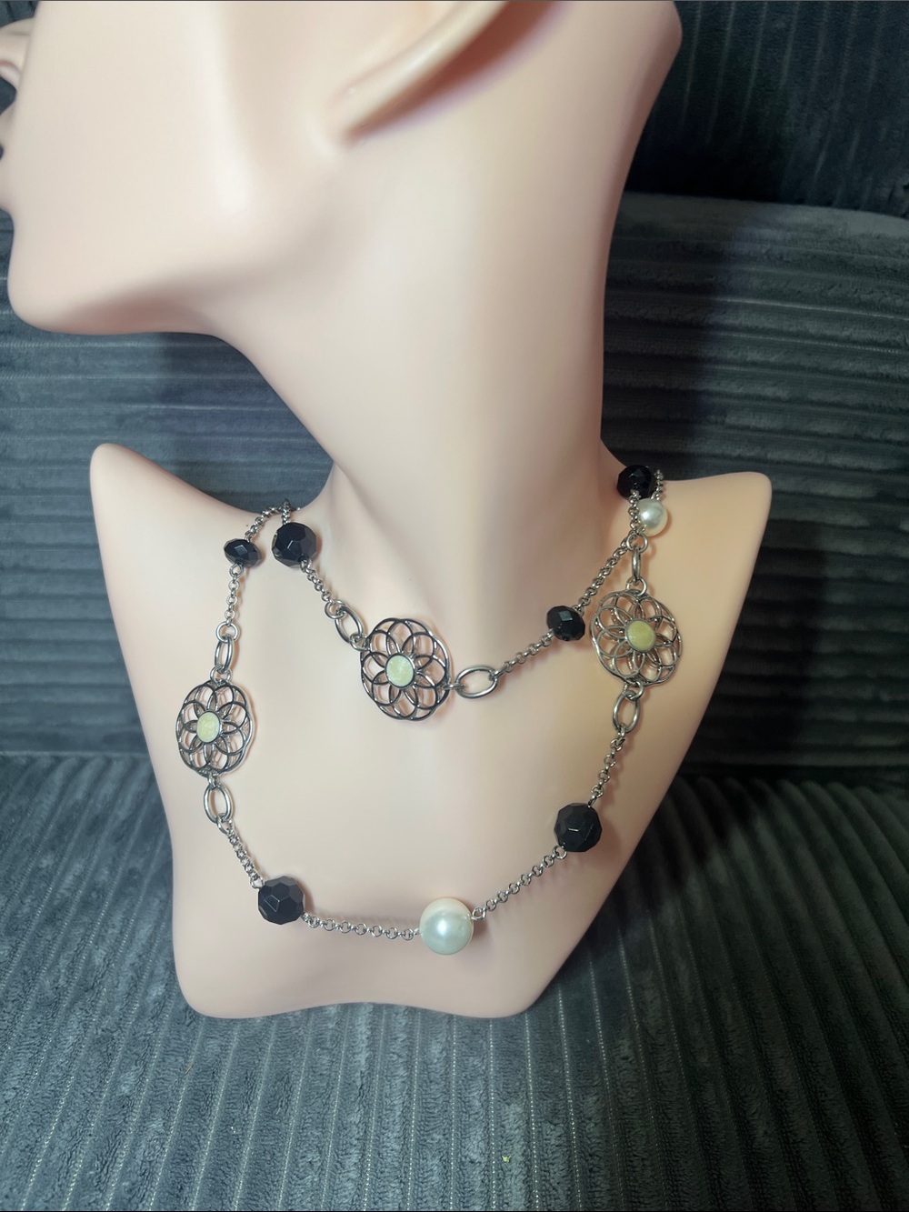 Lia Sophia  Silver-Tone Floral Link Necklace with Black and Pearl Beads
